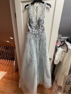 Mint Green Embroidered Tulle Maxi Dress with Deep V